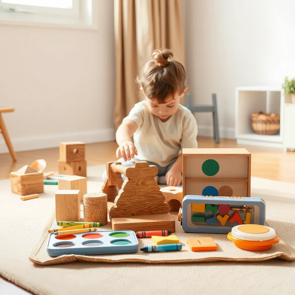 Colorful creative kids toys on a play mat with building blocks and art supplies in a bright room