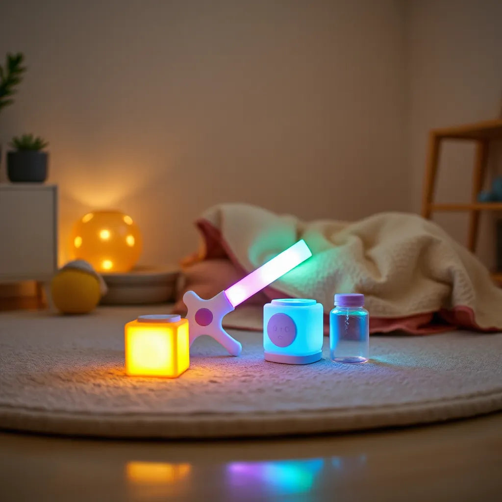 Colorful LED light toys glowing on a play mat in a cozy, neutral indoor setting