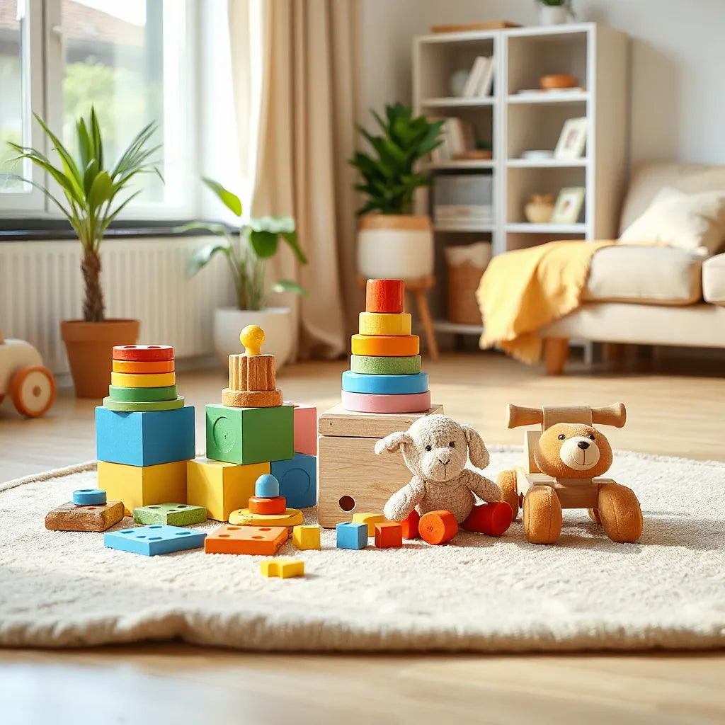 Colorful assortment of age-appropriate kids toys neatly arranged on a play mat in a bright living room.