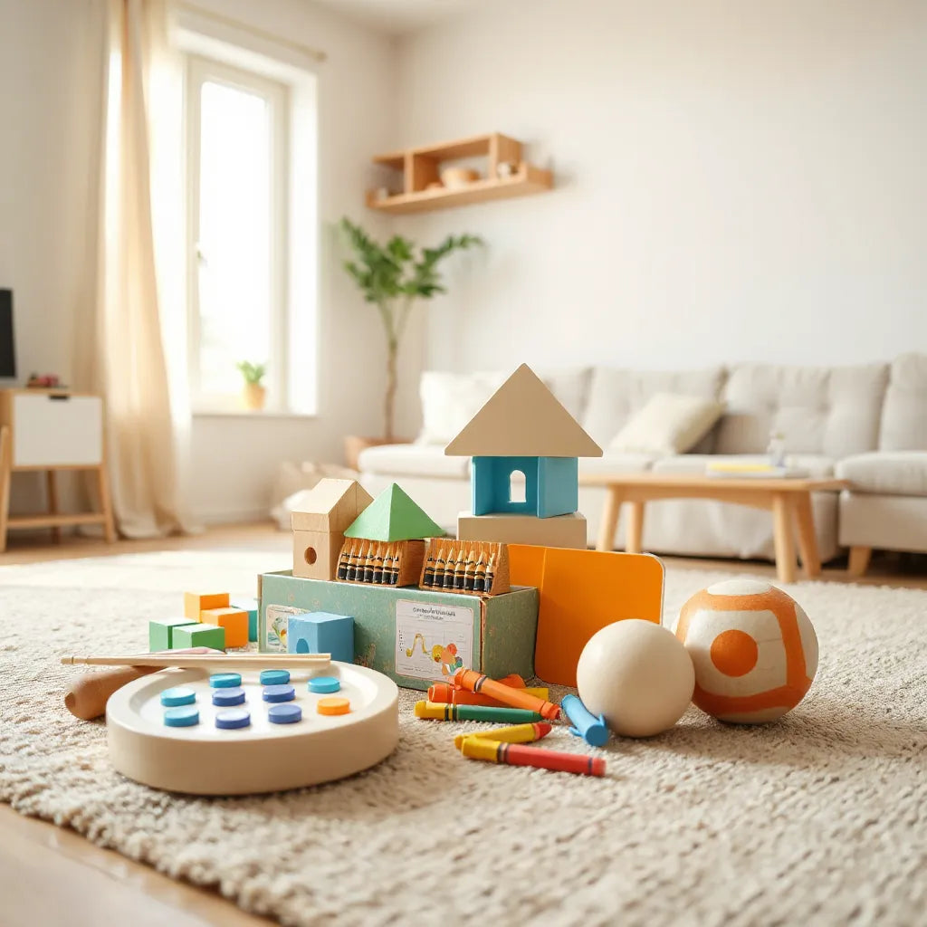 Assorted kid-friendly toys arranged on a rug in a bright room