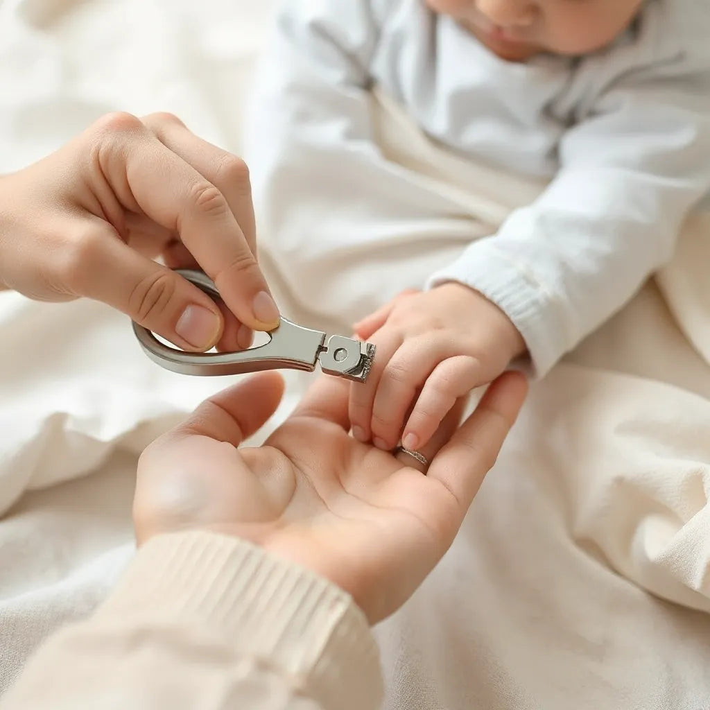 Parent trimming a baby’s fingernails with gentle nail trimmers in a calm, well-lit setting