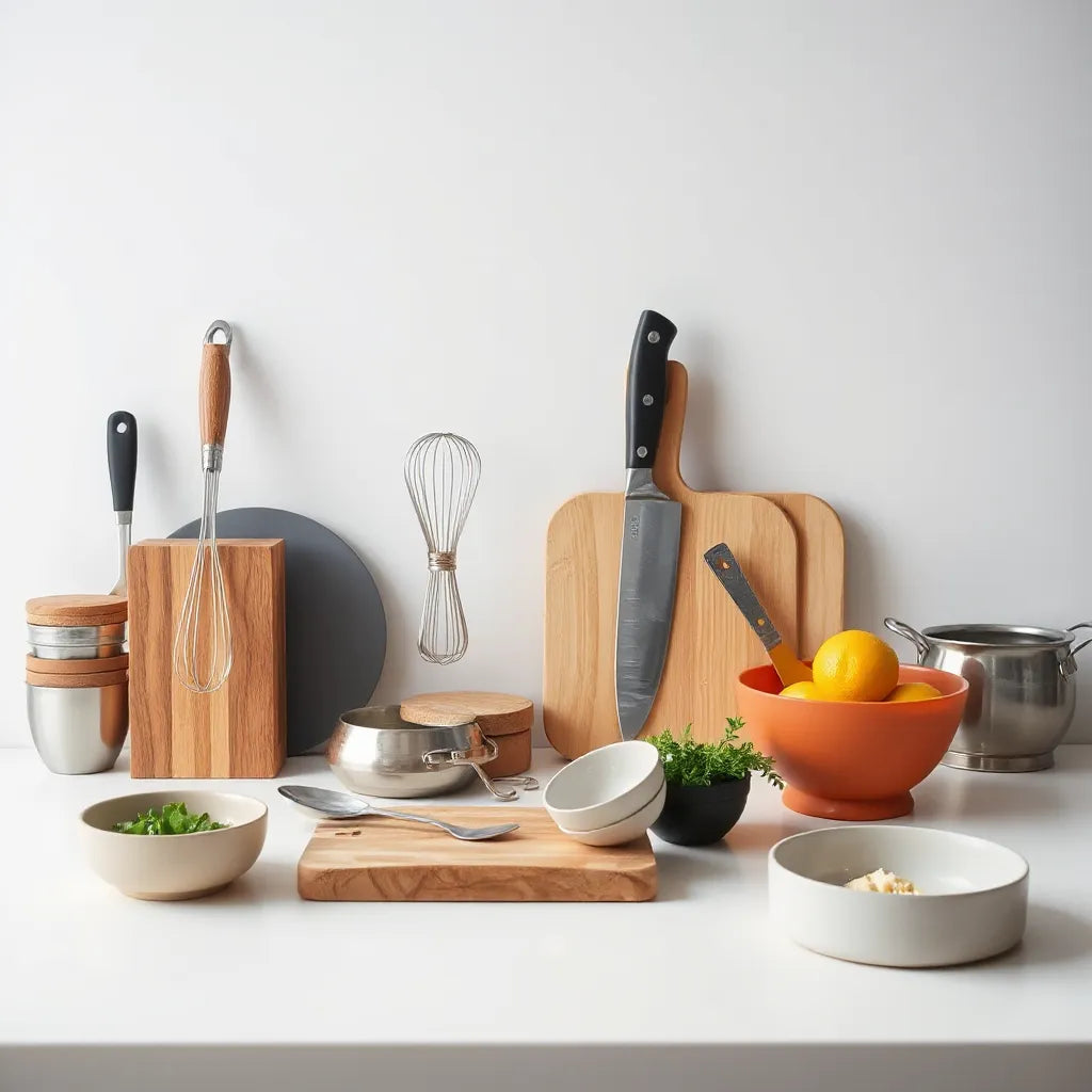 Countertop display of essential kitchen tools like knife, whisk, measuring cups, and mixing bowls