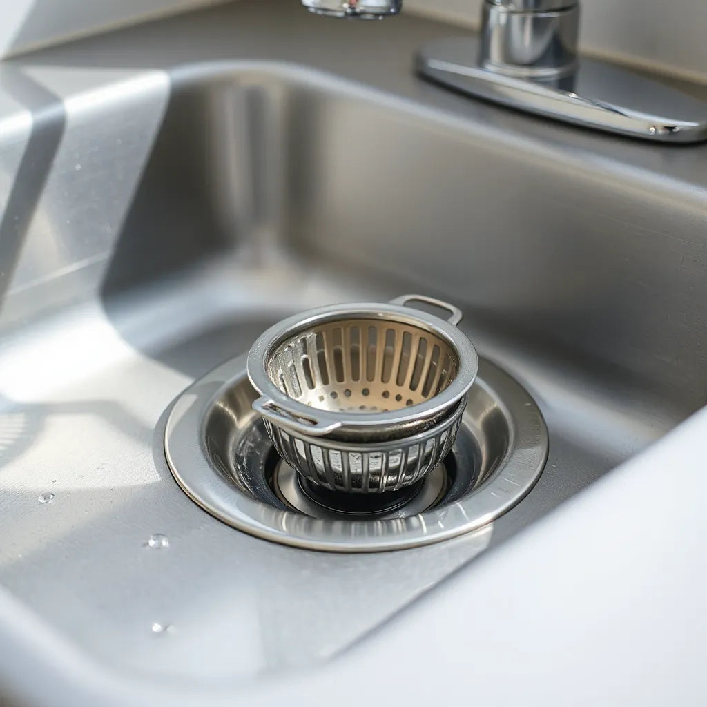 Metal sink strainer basket sitting in a stainless-steel kitchen drain with water droplets